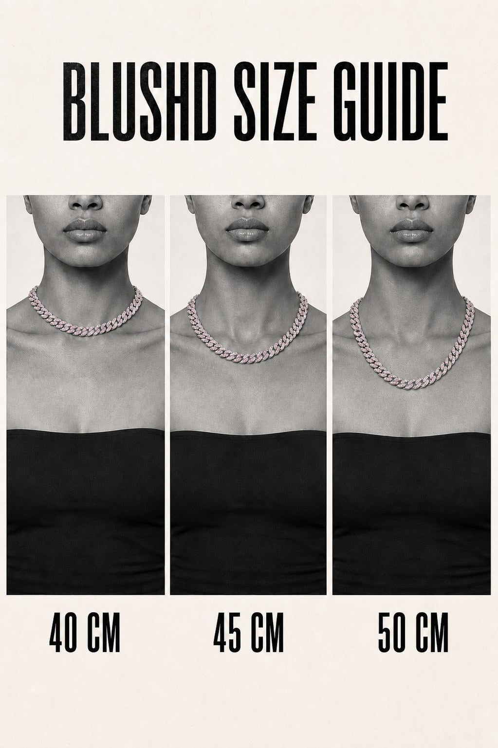 BLUSHD size guide — 40cm, 45cm and 50cm shown on the same neck